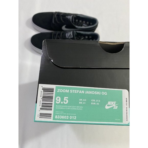 New Mens Size 9.5 Black White Nike SB Zoom Stefan Janoski OG Skate Shoes